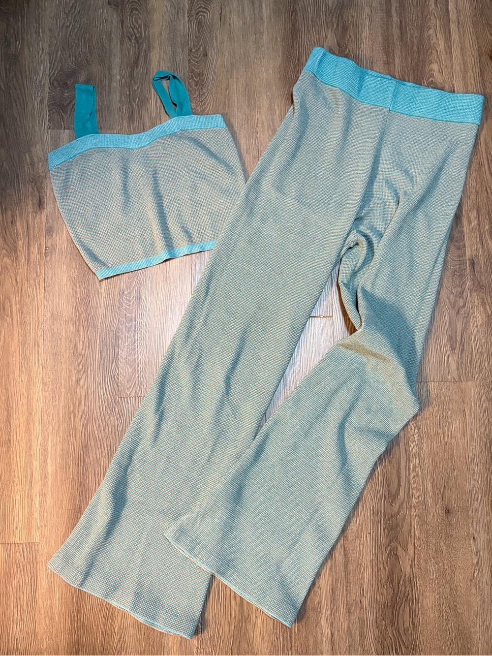 She + Sky Aqua Knit Crop Tank & Wide-Leg Lounge Pants Set